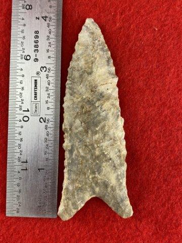 Dalton Indian Artifact Arrowhead: This is 4 inches long. This piece is from one of 3 large collections out of Illinois. KEY WORDS: NATIVE AMERICAN INDIAN ARTIFACT ARTIFACTS ARROWHEAD ARROWHEADS MISSISSIPPIAN QUAPAW CADDO POTTERY COINS