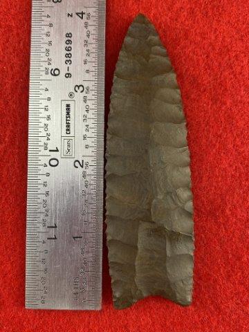 Clovis Indian Artifact Arrowhead: It is 3&3/4 inches long. This artifact is from a Northern Illinois Collection. KEY WORDS: NATIVE AMERICAN INDIAN ARTIFACT ARTIFACTS ARROWHEAD ARROWHEADS MISSISSIPPIAN QUAPAW CADDO POTTERY COINS