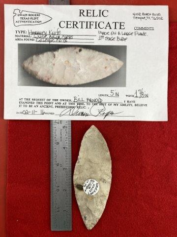 Harahay Knife with COA: Please see picture for measurement. It is from Gillespie County Texas. It comes with a Dwain Rogers Certificate of Authenticity. All artifacts came from the great state of Texas. Ex-Bill Arnold, Warre