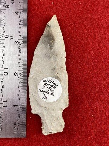 Williams Knife Indian Artifact Arrowhead: Please see picture for measurement. It is from Hayes County Texas. All artifacts came from the great state of Texas. Ex-Warren & Darla Suleske Collection, they are pictured in Who Who's #12. They have