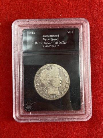 1913 Barber 1/2 Dollar Coins: KEY WORDS: NATIVE AMERICAN INDIAN ARTIFACT ARTIFACTS ARROWHEAD ARROWHEADS MISSISSIPPIAN QUAPAW CADDO POTTERY COINS MORGAN DOLLAR PEACE DOLLAR SILVER COINS
