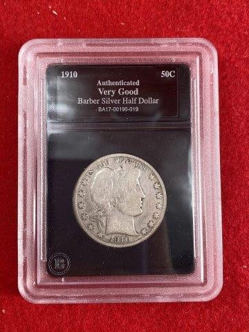 1910 Barber 1/2 Dollar Coins: KEY WORDS: NATIVE AMERICAN INDIAN ARTIFACT ARTIFACTS ARROWHEAD ARROWHEADS MISSISSIPPIAN QUAPAW CADDO POTTERY COINS MORGAN DOLLAR PEACE DOLLAR SILVER COINS