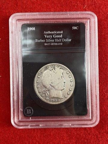 1908 Barber 1/2 Dollar Coins: KEY WORDS: NATIVE AMERICAN INDIAN ARTIFACT ARTIFACTS ARROWHEAD ARROWHEADS MISSISSIPPIAN QUAPAW CADDO POTTERY COINS MORGAN DOLLAR PEACE DOLLAR SILVER COINS