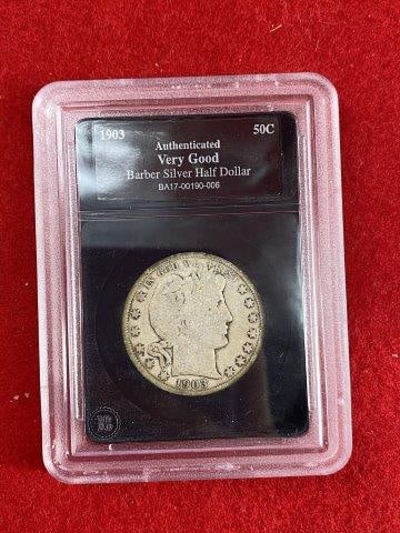 1903 Barber 1/2 Dollar Coins: KEY WORDS: NATIVE AMERICAN INDIAN ARTIFACT ARTIFACTS ARROWHEAD ARROWHEADS MISSISSIPPIAN QUAPAW CADDO POTTERY COINS MORGAN DOLLAR PEACE DOLLAR SILVER COINS