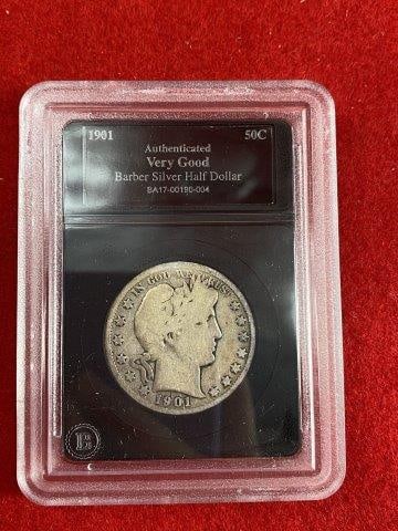 1901 Barber 1/2 Dollar Coins: KEY WORDS: NATIVE AMERICAN INDIAN ARTIFACT ARTIFACTS ARROWHEAD ARROWHEADS MISSISSIPPIAN QUAPAW CADDO POTTERY COINS MORGAN DOLLAR PEACE DOLLAR SILVER COINS