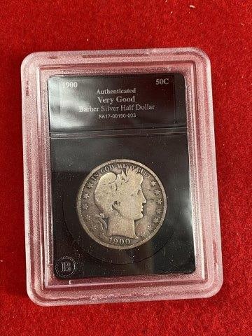 1900 Barber 1/2 Dollar Coins: KEY WORDS: NATIVE AMERICAN INDIAN ARTIFACT ARTIFACTS ARROWHEAD ARROWHEADS MISSISSIPPIAN QUAPAW CADDO POTTERY COINS MORGAN DOLLAR PEACE DOLLAR SILVER COINS