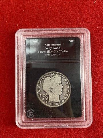 1898 Barber 1/2 Dollar Coins: KEY WORDS: NATIVE AMERICAN INDIAN ARTIFACT ARTIFACTS ARROWHEAD ARROWHEADS MISSISSIPPIAN QUAPAW CADDO POTTERY COINS MORGAN DOLLAR PEACE DOLLAR SILVER COINS