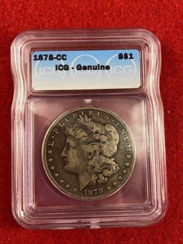 1878 Graded Carson City Morgan Dollar Coins: KEY WORDS: NATIVE AMERICAN INDIAN ARTIFACT ARTIFACTS ARROWHEAD ARROWHEADS MISSISSIPPIAN QUAPAW CADDO POTTERY COINS MORGAN DOLLAR PEACE DOLLAR SILVER COINS