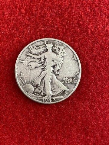 1942 Walking Liberty 1/2 Dollar Coins: KEY WORDS: NATIVE AMERICAN INDIAN ARTIFACT ARTIFACTS ARROWHEAD ARROWHEADS MISSISSIPPIAN QUAPAW CADDO POTTERY COINS MORGAN DOLLAR PEACE DOLLAR SILVER COINS
