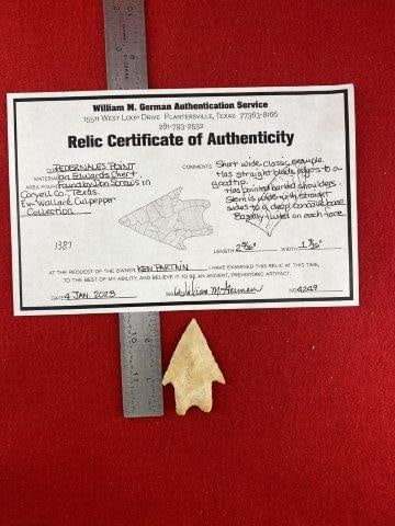 Pedernales with COA: Please see picture for measurment. Found by Don Screws in Coryell County, Texas. Comes with William German Certificate of Authenticity. Ex- Wallace Culpepper ; Ken Partain ; KEY WORDS: NATIVE AMERICAN