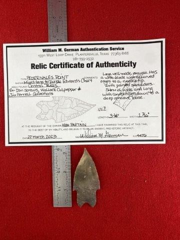 Pedernales with COA: Please see picture for measurment. Found by Don Screws in Central Texas. Comes with William German Certificate of Authenticity. Ex- Wallace Culpepper ; Jim Ferrell ; Ken Partain ; KEY WORDS: NATIVE AM
