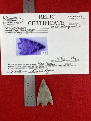 Pedernales with COA: Please see picture for measurment. It is from Coryell County, Texas. Comes with Dwain Roger's Certificate of Authenticity. Ex- Wallace Culpepper ; Ken Partain ; KEY WORDS: NATIVE AMERICAN INDIAN ARTIF