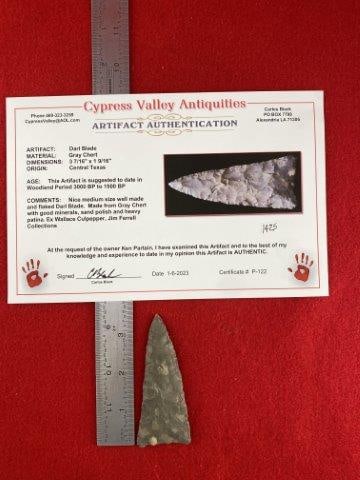 Darl Blade with COA: Please see picture for measurment. It is from Central Texas. Comes with Carlos Black Certificate of Authenticity. Ex- Wallace Culpepper ; Jim Ferrell ; Ken Partain ; KEY WORDS: NATIVE AMERICAN INDIAN