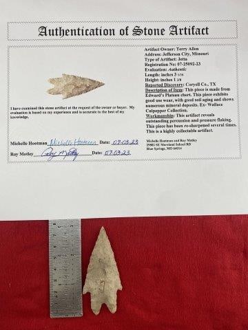 Jetta with COA: Please see picture for measurement. It is from Coryell County Texas. Ex- Wallace Culpepper Collection. These artifacts are from multiple collections from around the United States. Comes with a Roy Mot