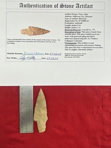 Bulverde with COA: Please see picture for measurement. It is from Coryell County Texas. Ex- Wallace Culpepper Collection. These artifacts are from multiple collections from around the United States. Comes with a Roy Mot