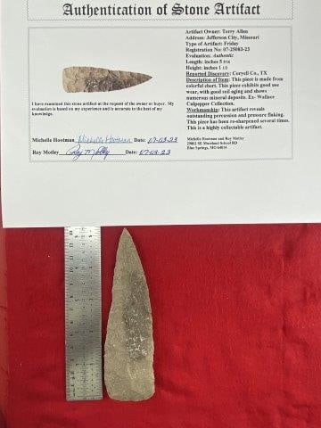 Friday with COA: Please see picture for measurement. It is from Coryell County Texas. Ex- Wallace Culpepper Collection. These artifacts are from multiple collections from around the United States. Comes with a Roy Mot