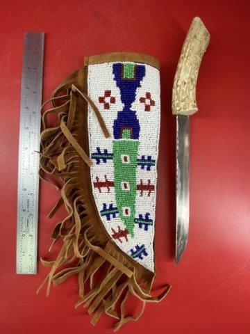 Beaded Knife Sheath with Stag Handled Knife     Indian Artifact Arrowhead (1 of 10)