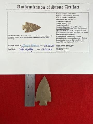 Caastroville with COA: Please see picture for measurement. It is from Coryell County Texas. It comes with a Roy Motley Certificate of Authenticity. These artifacts are from multiple collections from around the United States