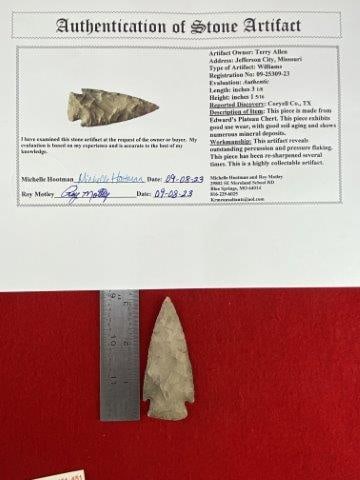 Williams with COA: Please see picture for measurement. It is from Coryell County Texas. It comes with a Roy Motley Certificate of Authenticity. These artifacts are from multiple collections from around the United States