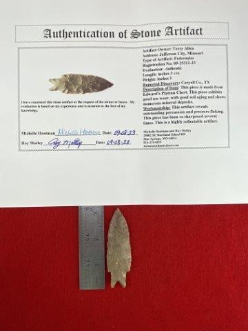 Pedernales with COA: Please see picture for measurement. It is from Coryell County Texas. It comes with a Roy Motley Certificate of Authenticity. These artifacts are from multiple collections from around the United States