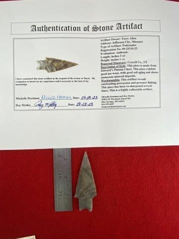 Pedernales with COA: Please see picture for measurement. It is from Coryell County Texas. It comes with a Roy Motley Certificate of Authenticity. These artifacts are from multiple collections from around the United States