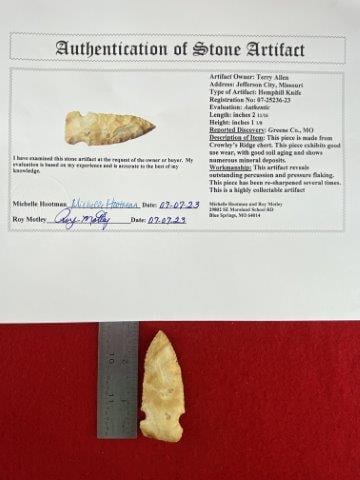 Hemphill Knife with COA: Please see picture for measurement. It is from Greene County Missouri. It comes with a Roy Motley Certificate of Authenticity. These artifacts are from multiple collections from around the United Stat