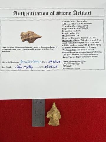 Gibson Drill with COA: Please see picture for measurement. It is from Jackson County Missouri. It comes with a Roy Motley Certificate of Authenticity. These artifacts are from multiple collections from around the United Sta