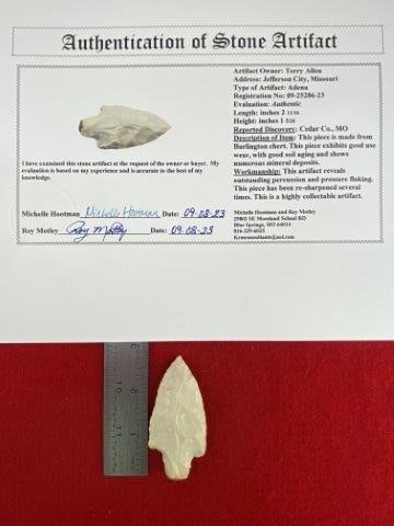 Adena with COA: Please see picture for measurement. It is from Cedar County Missouri. It comes with a Roy Motley Certificate of Authenticity. These artifacts are from multiple collections from around the United State