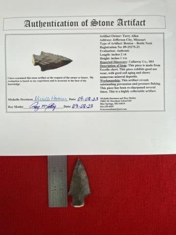 Benton - Bottle Neck with COA: Please see picture for measurement. It is from Callaway County Missouri. It comes with a Roy Motley Certificate of Authenticity. These artifacts are from multiple collections from around the United St