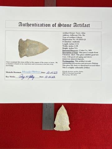 Gibson with COA: Please see picture for measurement. It is from Cedar County Missouri. It comes with a Motley Certificate of Authenticity.These artifacts are from multiple collections from around the United States. KE