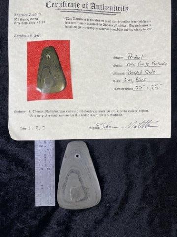 Pendant with COA: It is from Ohio County Kentucky. It is made of Banded Slate. It comes with a Thomas Matthews Certificate of Authenticity. Please see picture for measurement. These artifacts are from multiple collecti