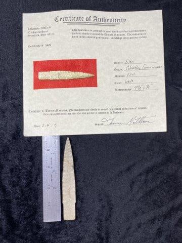 Eden with COA: It is from Columbia County Wisconsin. It is made of Flint. It comes with a Thomas Matthews Certificate of Authenticity. Please see picture for measurement. These artifacts are from multiple collection