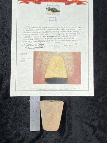 Shield-Shaped Bannerstone: It is from Wayne County Indiana. It is made of Quartzite. It comes with a Bannerstone Tom Certificate of Authenticity. Please see picture for measurement. These artifacts are from multiple collections