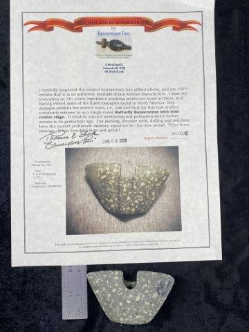 Butterfly Bannerstone with wide center ridge with COA: It is from Wood County Ohio. It is made of Porphyritic Hardstone. It comes with a Bannerstone Tom Certificate of Authenticity. Please see picture for measurement. These artifacts are from multiple col