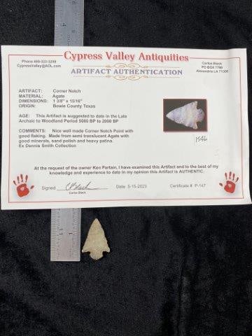 Corner Notch with COA: Please see picture for measurement. It is from Bowie County Texas. ex- Dennis Smith Collection. It comes with a Carlos Black Certificate of Authenticity. These artifacts are from multiple collections 