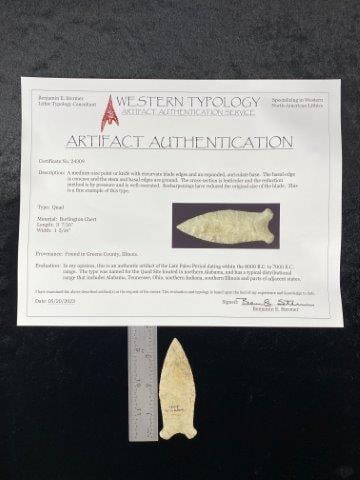 Quad With COA: It is from Greene County Illinois. It is made of burlington Chert. It comes with a ben Stermer Certificate of Authenticity. Please see picture for measurement. These artifacts are from multiple collec