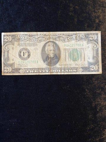 1934 Twenty Dollar Bill: KEY WORDS: NATIVE AMERICAN INDIAN ARTIFACT ARTIFACTS ARROWHEAD ARROWHEADS MISSISSIPPIAN QUAPAW CADDO POTTERY COINS MORGAN DOLLAR PEACE DOLLAR SILVER COINS