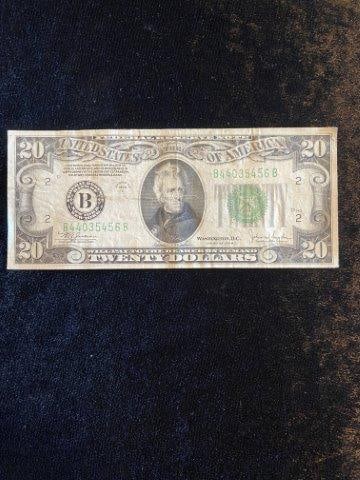 1934 Twenty Dollar Bill: KEY WORDS: NATIVE AMERICAN INDIAN ARTIFACT ARTIFACTS ARROWHEAD ARROWHEADS MISSISSIPPIAN QUAPAW CADDO POTTERY COINS MORGAN DOLLAR PEACE DOLLAR SILVER COINS