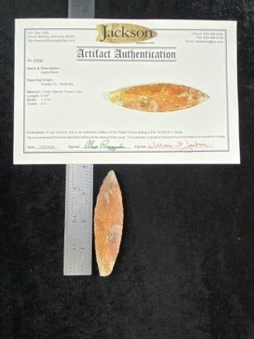 Agate Basin with COA: It is from Graves, County Kentucky. It comes with a Jackson Certificate of Authenticity. Please see picture for measurement. These artifacts are from multiple collections from around the United States