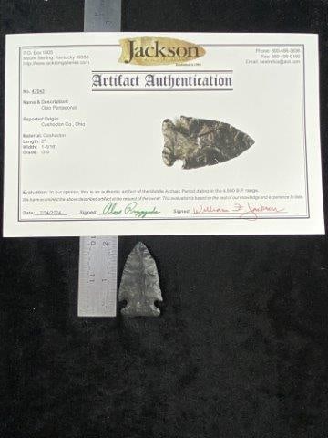 Ohio Pentagonal with COA: It is from Coshocton County, Ohio. It comes with a Jackson Certificate of Authenticity. Please see picture for measurement. These artifacts are from multiple collections from around the United States.