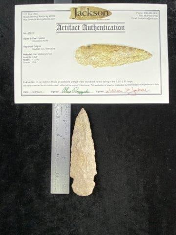 Woodland Knife with COA: It is from Daviess County, Kentucky. It comes with a Jackson Certificate of Authenticity. Please see picture for measurement. These artifacts are from multiple collections from around the United State
