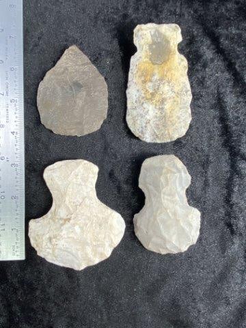 4 Chipped Hoes: Please see picture for measurement. These artifacts are from multiple collections from around the United States. KEY WORDS: NATIVE AMERICAN INDIAN ARTIFACT ARTIFACTS ARROWHEAD ARROWHEADS MISSISSIPPIAN