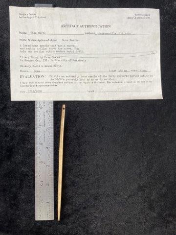 Large Bone Needle with COA: It is from Morgan County Illinois. In the city of Meredosia. ex- Andy Scott & Wanda Scott Collection. It comes with a Gregory Perino Certificate of Authenticity. Please see picture for measurement. Th