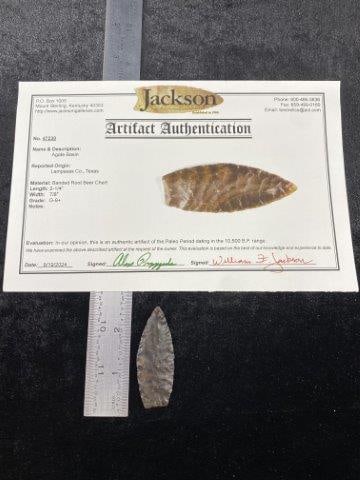 Agate Basin with COA: It is from Lampasas County, Texas. It comes with a Jackson Certificate of Authenticity. Please see picture for measurement. These artifacts are from multiple collections from around the United States.