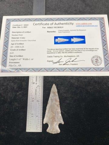 Steuben Point with COA: It is from Pike County, Arkansas. It comes with a Sam Johnson Certificate of Authenticity. Please see picture for measurement. These artifacts are from multiple collections from around the United Stat