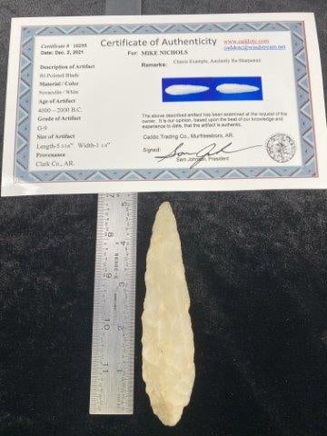 Bi-Pointed Blade with COA: It is from Clark County, Arkansas. It comes with a Sam Johnson Certificate of Authenticity. Please see picture for measurement. These artifacts are from multiple collections from around the United Sta