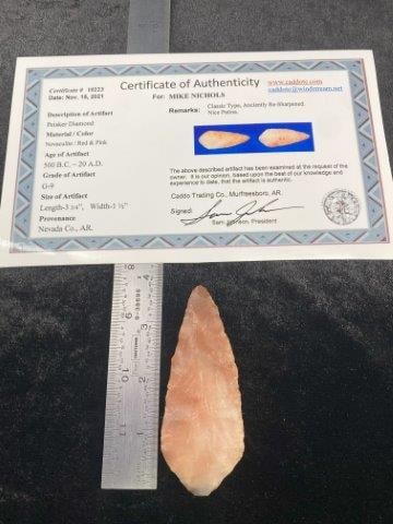 Peisker Diamond with COA: It is from Nevada County, Arkansas. It comes with a Sam Johnson Certificate of Authenticity. Please see picture for measurement. These artifacts are from multiple collections from around the United St