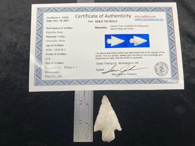 Palmillas Point with COA: It is from Pike County, Arkansas. It comes with a Sam Johnson Certificate of Authenticity. Please see picture for measurement. These artifacts are from multiple collections from around the United Stat