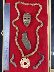 Shell Bead Necklace with Stone Human Effigy, two Pollished Flint Rattle Snake Effigy's and Stone