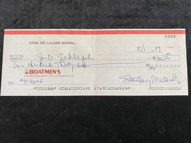 Stan Musial Cancelled Check Signed by Stan Musial from his Estate